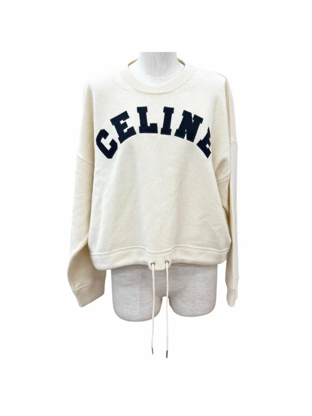 Celine Wool Cashmere Blend Logo Design Cropped Long Sleeve Knit Sweater Ivory